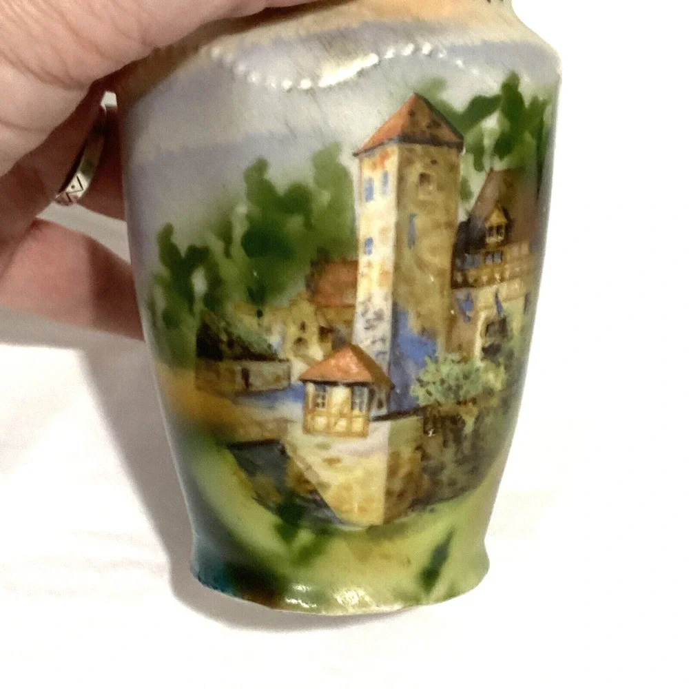 Vintage handpainted porcelain sugar shaker castor muffineer castles landscape